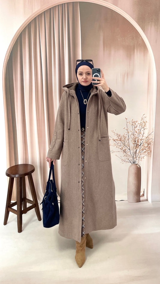 Tam Boy Premium Kapüşonlu  Kaşe Kaban Bej