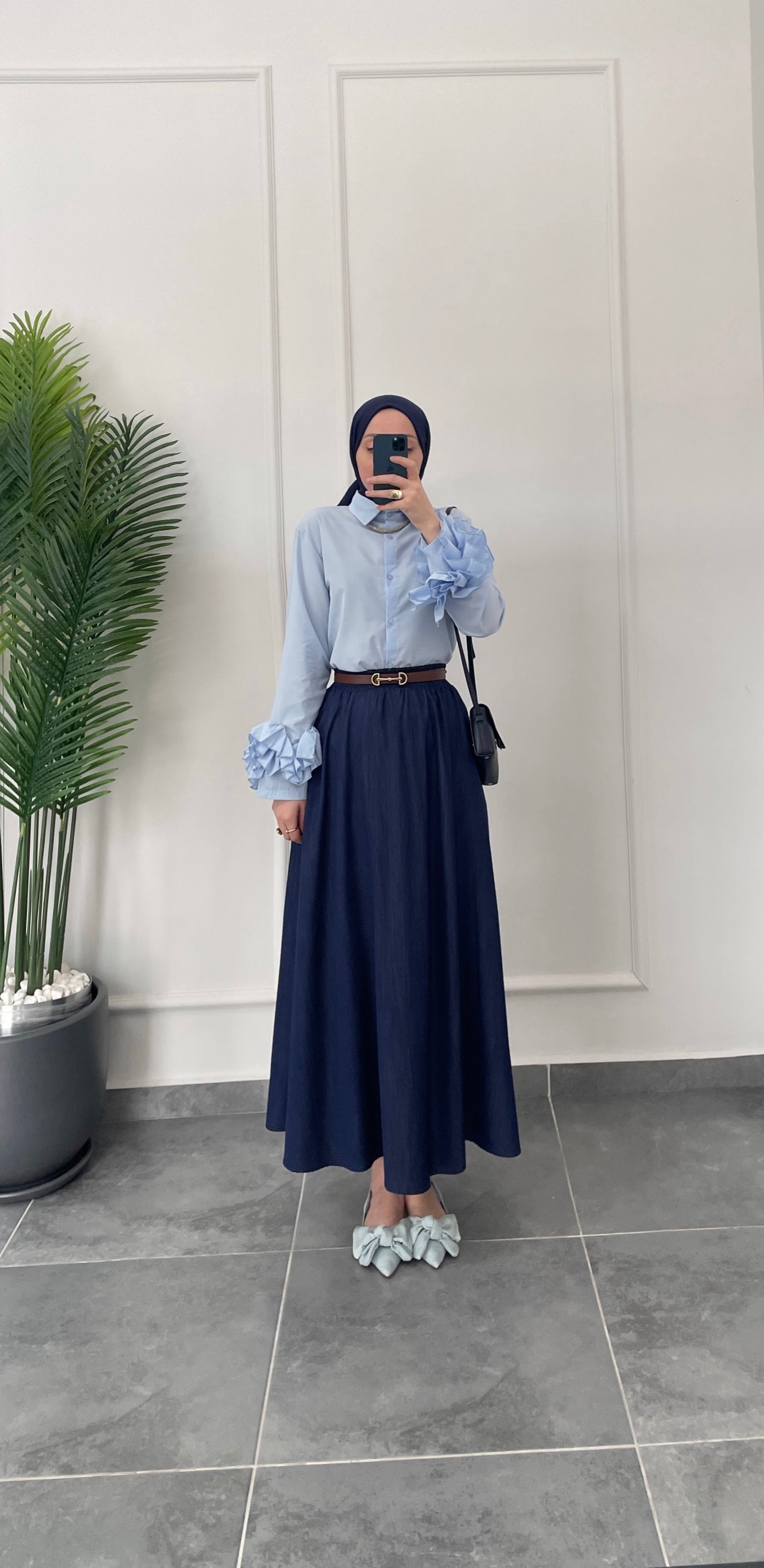 Çilek Kol Tasarım Gömlek-Mavi