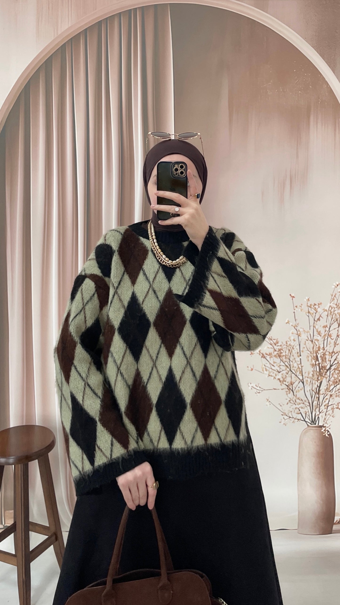 Geniş Kol Tasarım Baklava Desen Kazak Yeşil&Siyah