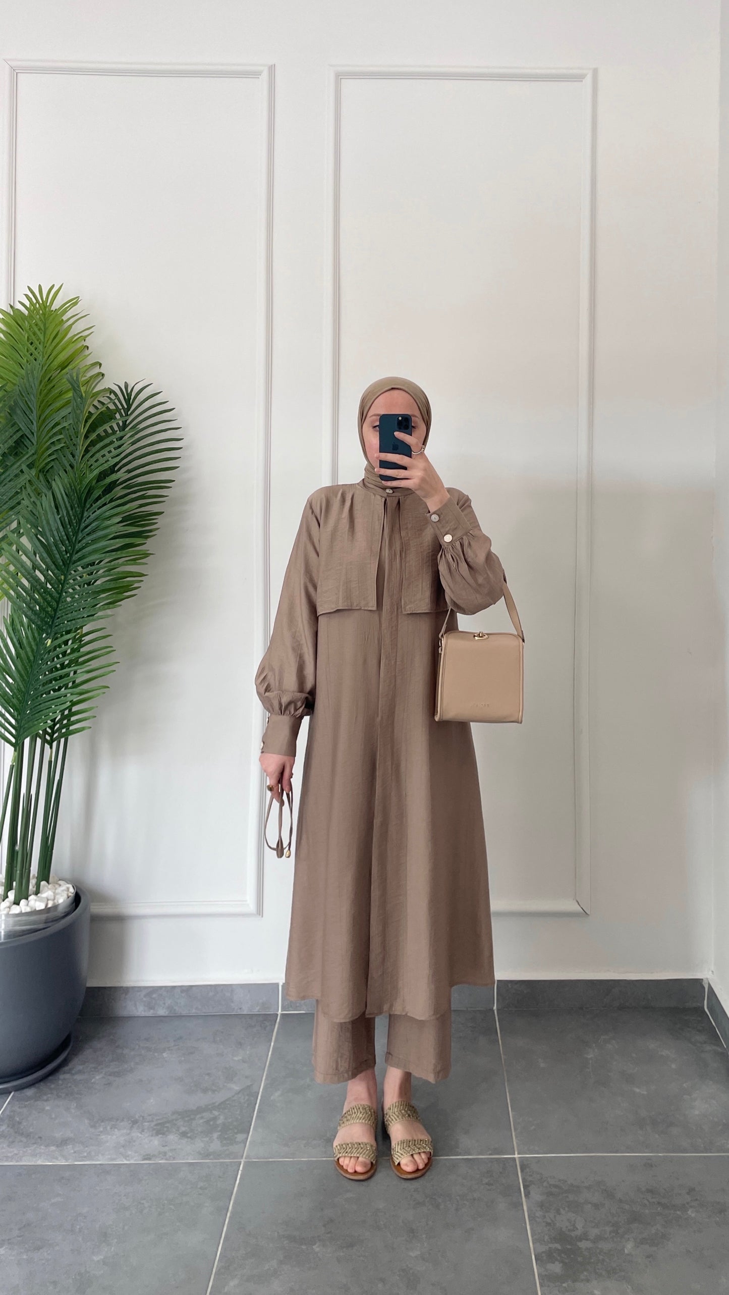 Çilek Kumaş Tunikli Takım-Vizon