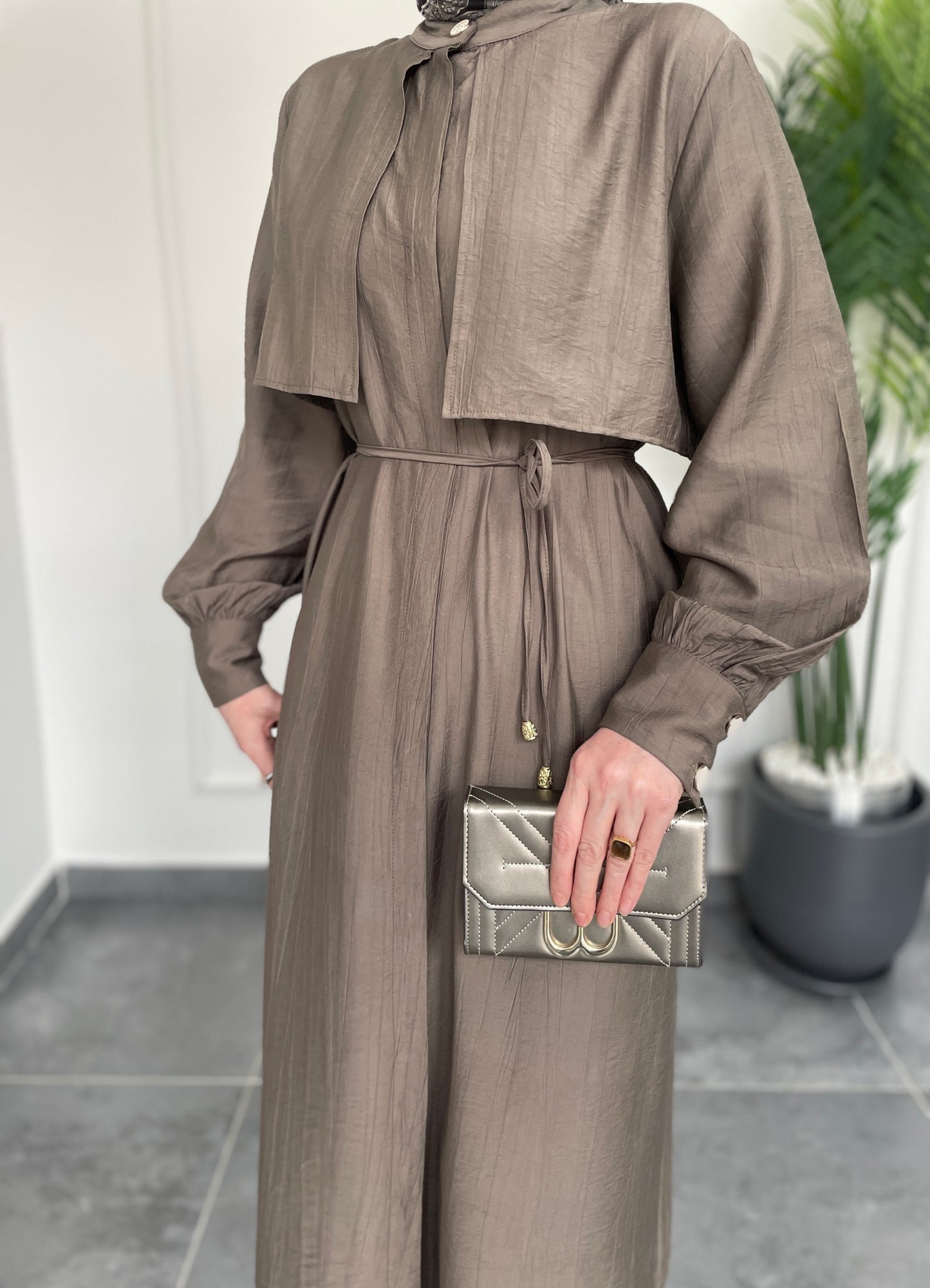 Çilek Kumaş Tunikli Takım-Boz Kahve