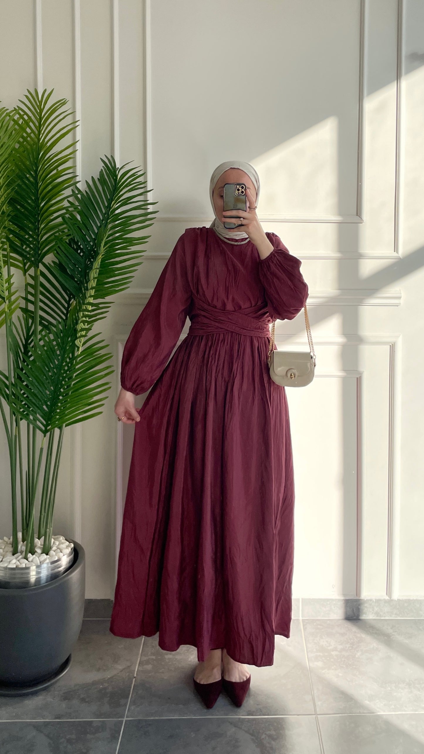 Bel Bağlamalı Kraş Elbise-Bordo