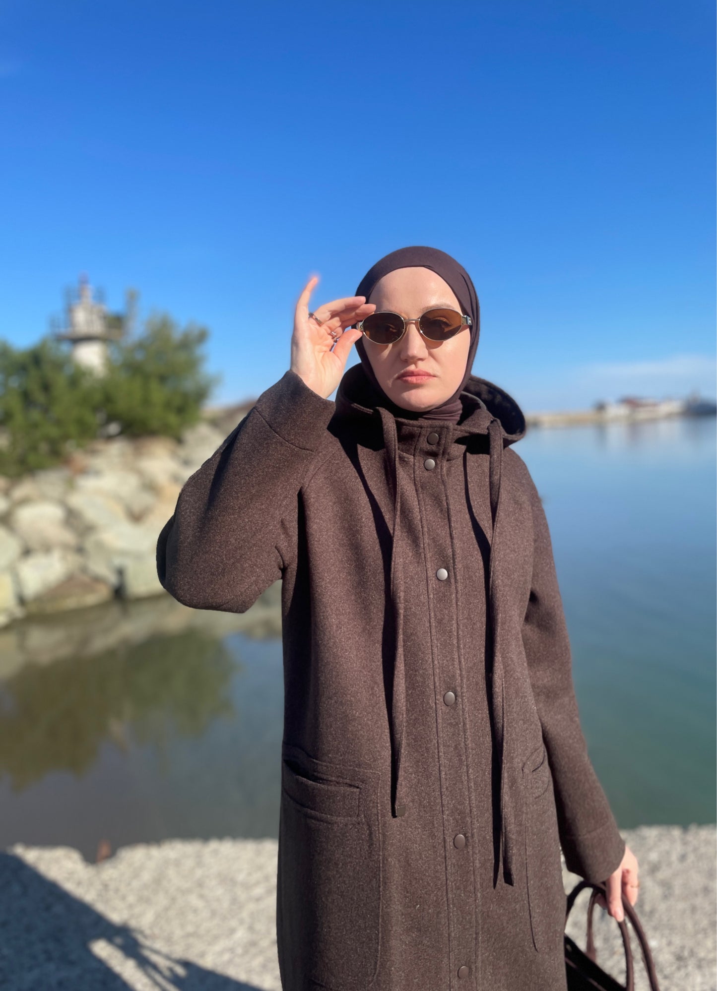 Tam Boy Premium Kapüşonlu  Kaşe Kaban Kahverengi