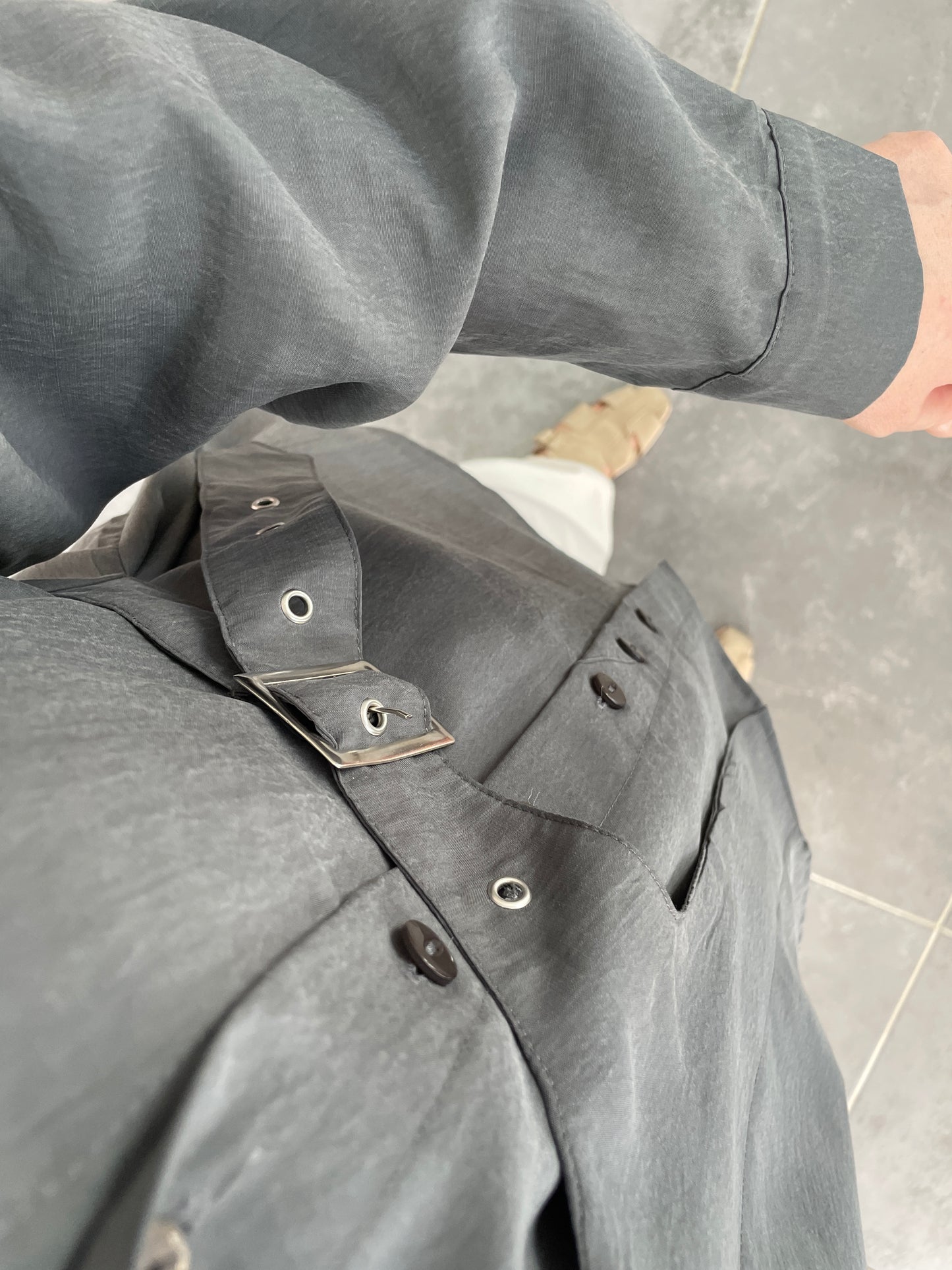 Premium Modal Kuşgözü Kemerli Gömlek-Antrasit