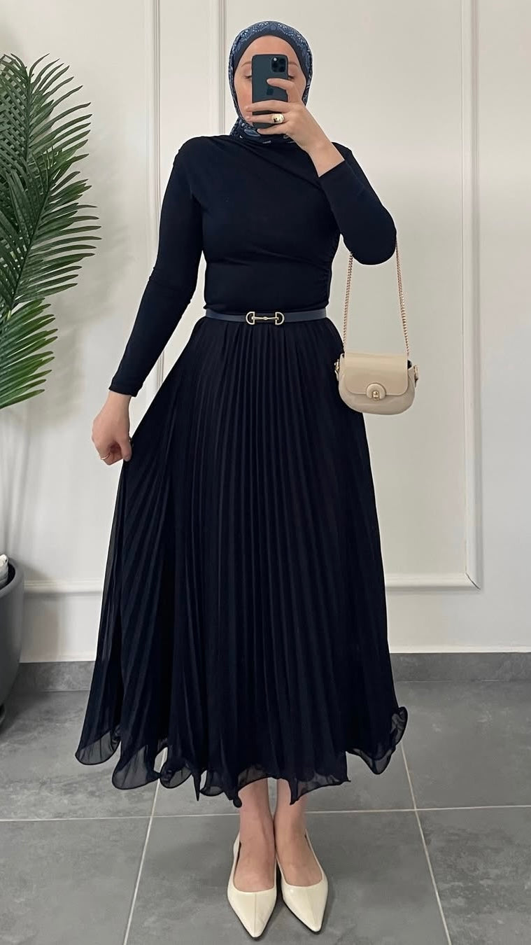 Şifon Piliseli Etek-Lacivert