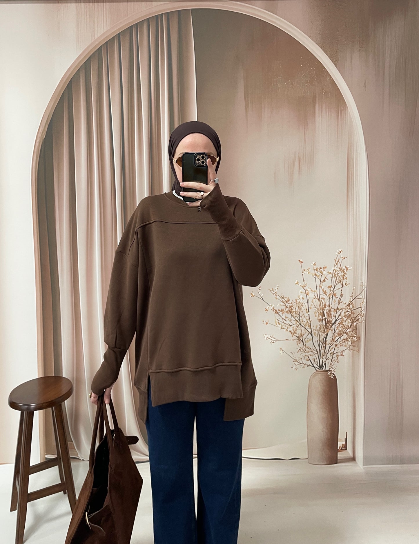 Parmak Geçirme Tasarım Sweatshirt Kahverengi