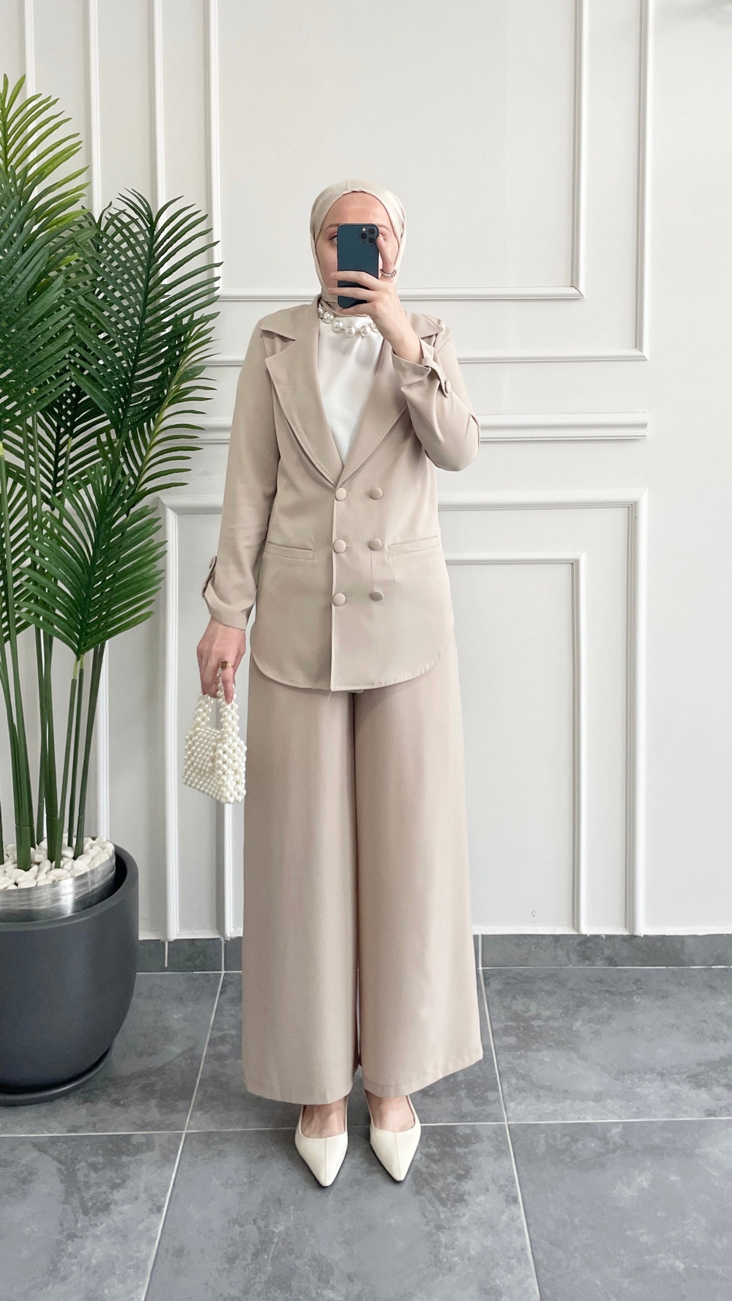 Ceket Etek Pantolon&İçlik 3’lü Takım-Bej