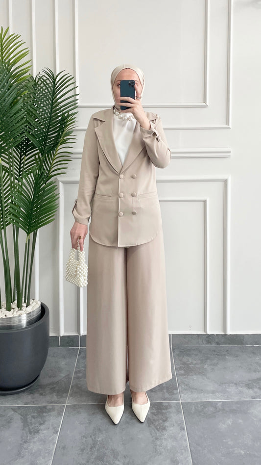 Ceket Etek Pantolon&İçlik 3’lü Takım-Bej