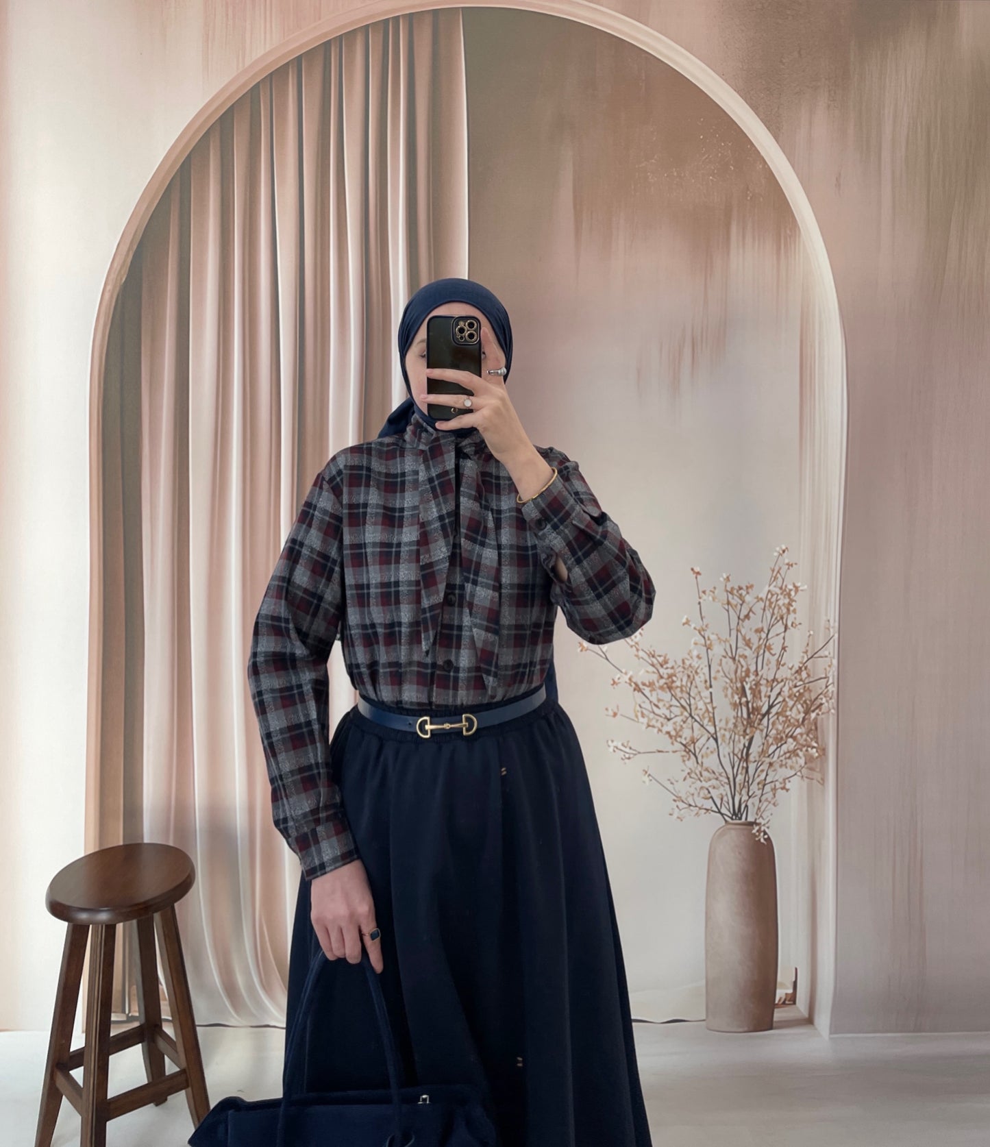 Ekose Desen Fular Tasarım Gömlek Antrasit &Bordo