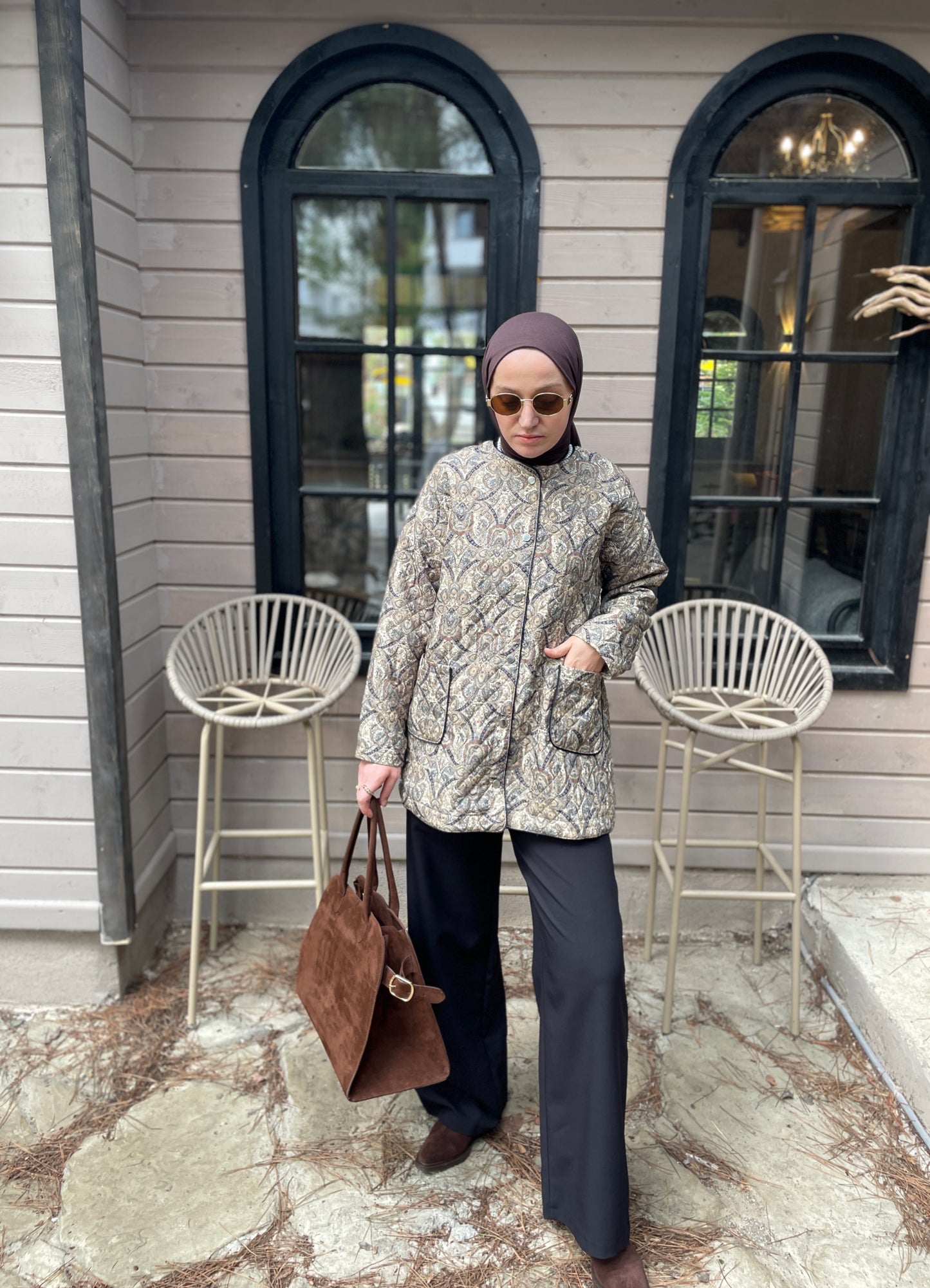 Etnik Desen Vintage Kapitone Ceket Yeşil