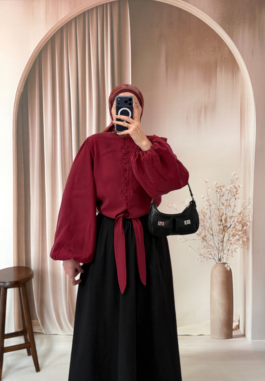 Britli Balon Kol Bel Bağlamalı Cupra Gömlek Bordo