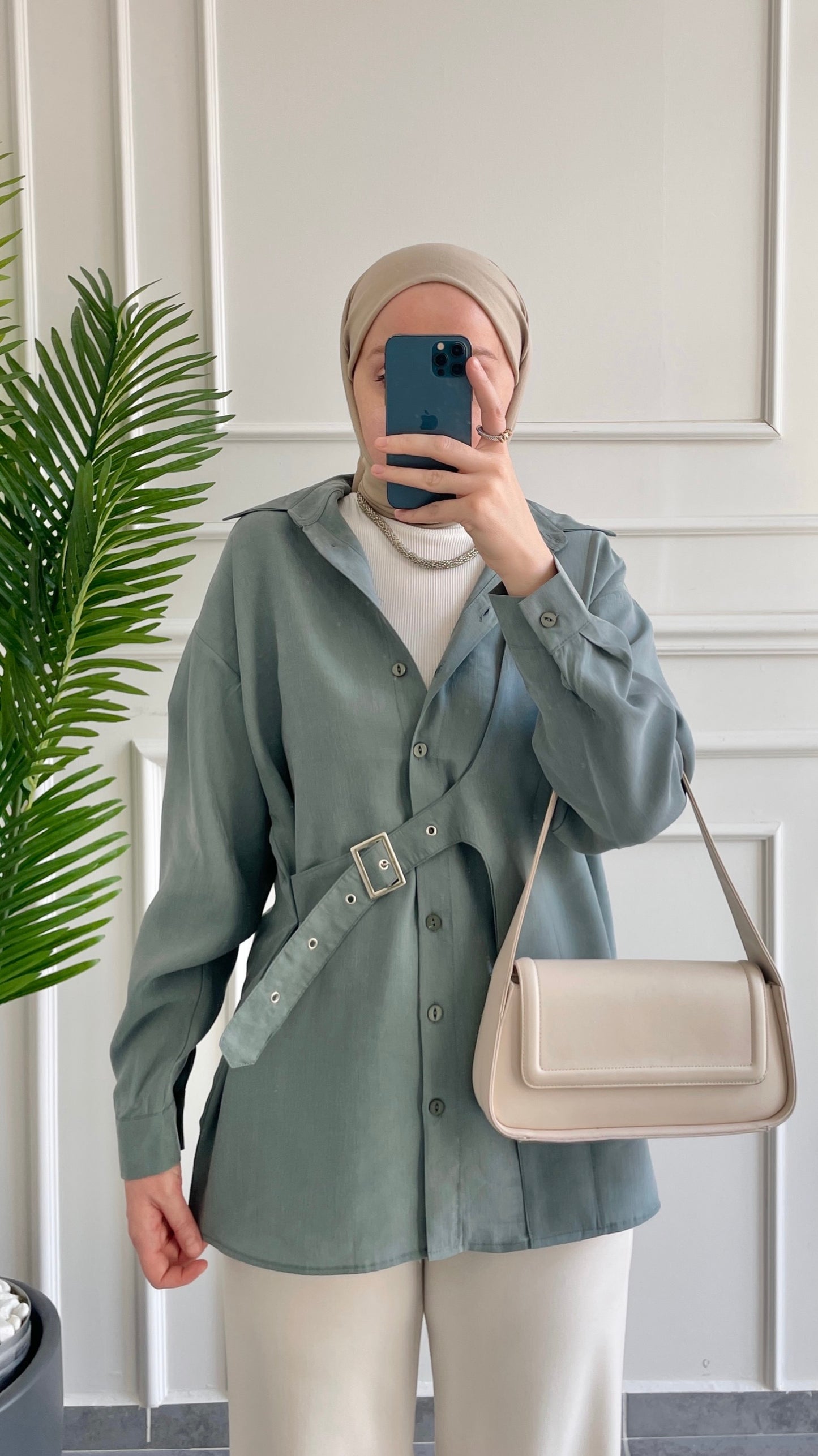 Premium Modal Kuşgözü Kemerli Gömlek Aqua