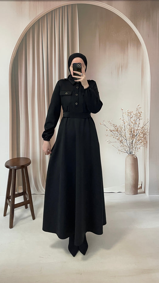 Apoletli Premium Scuba Elbise Siyah