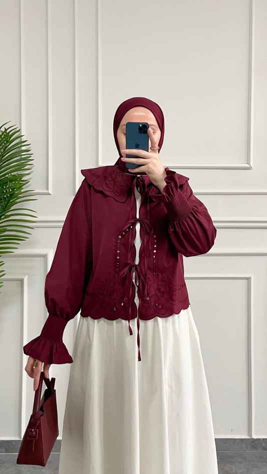 Bebe Yaka Nakışlı Kollar Gipeli Kimono-Bordo