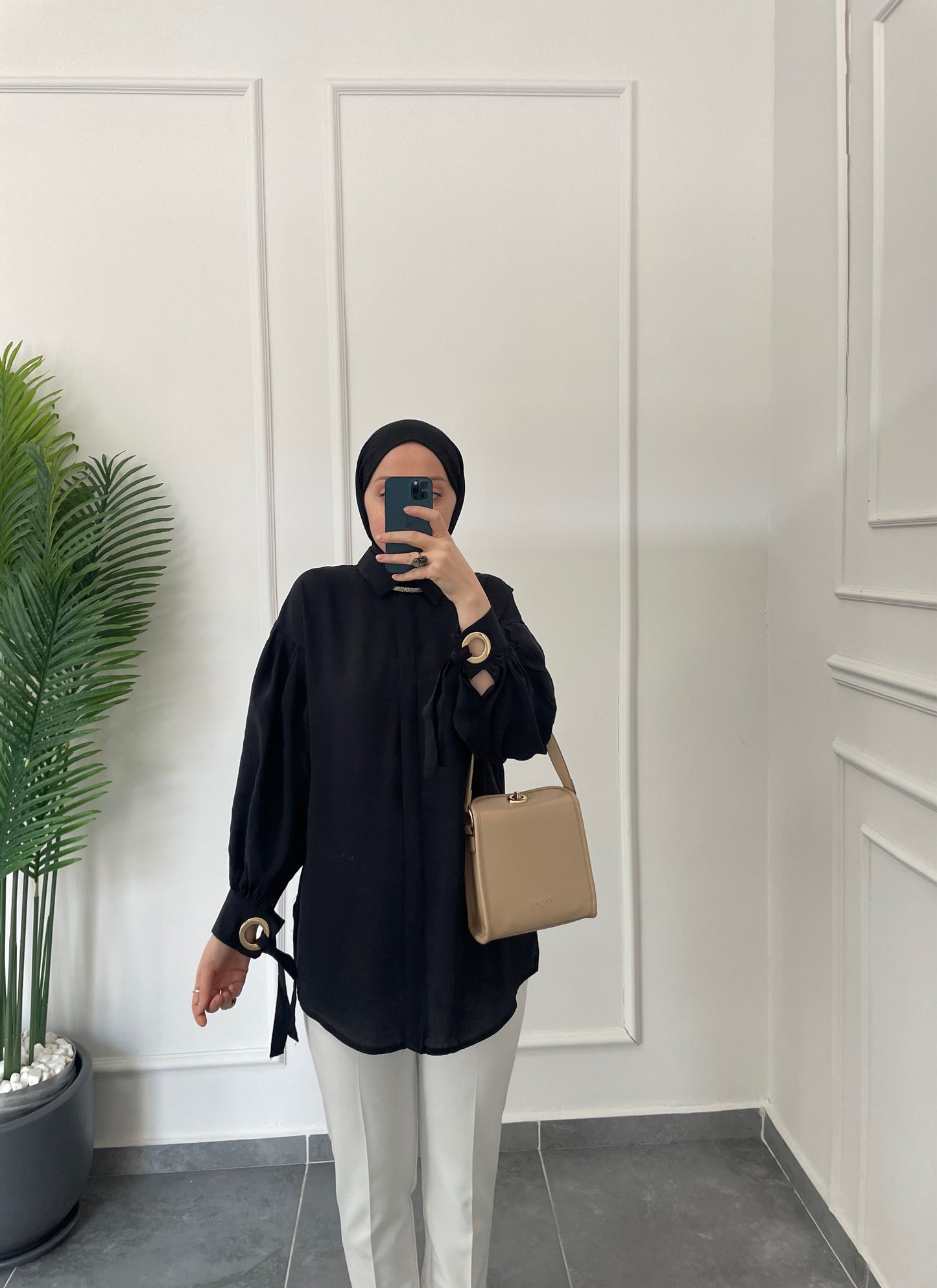 Kuş Gözü Tasarım Tencel Gömlek-Siyah