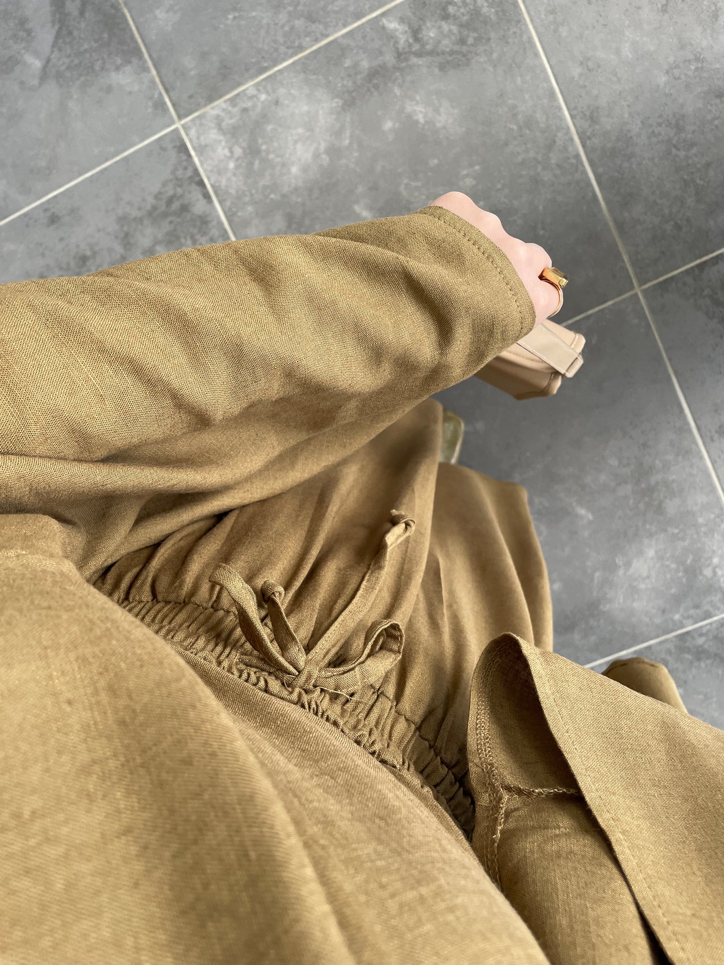 Pelerin Tasarım Ham Keten Etekli Takım-Yağ yeşili