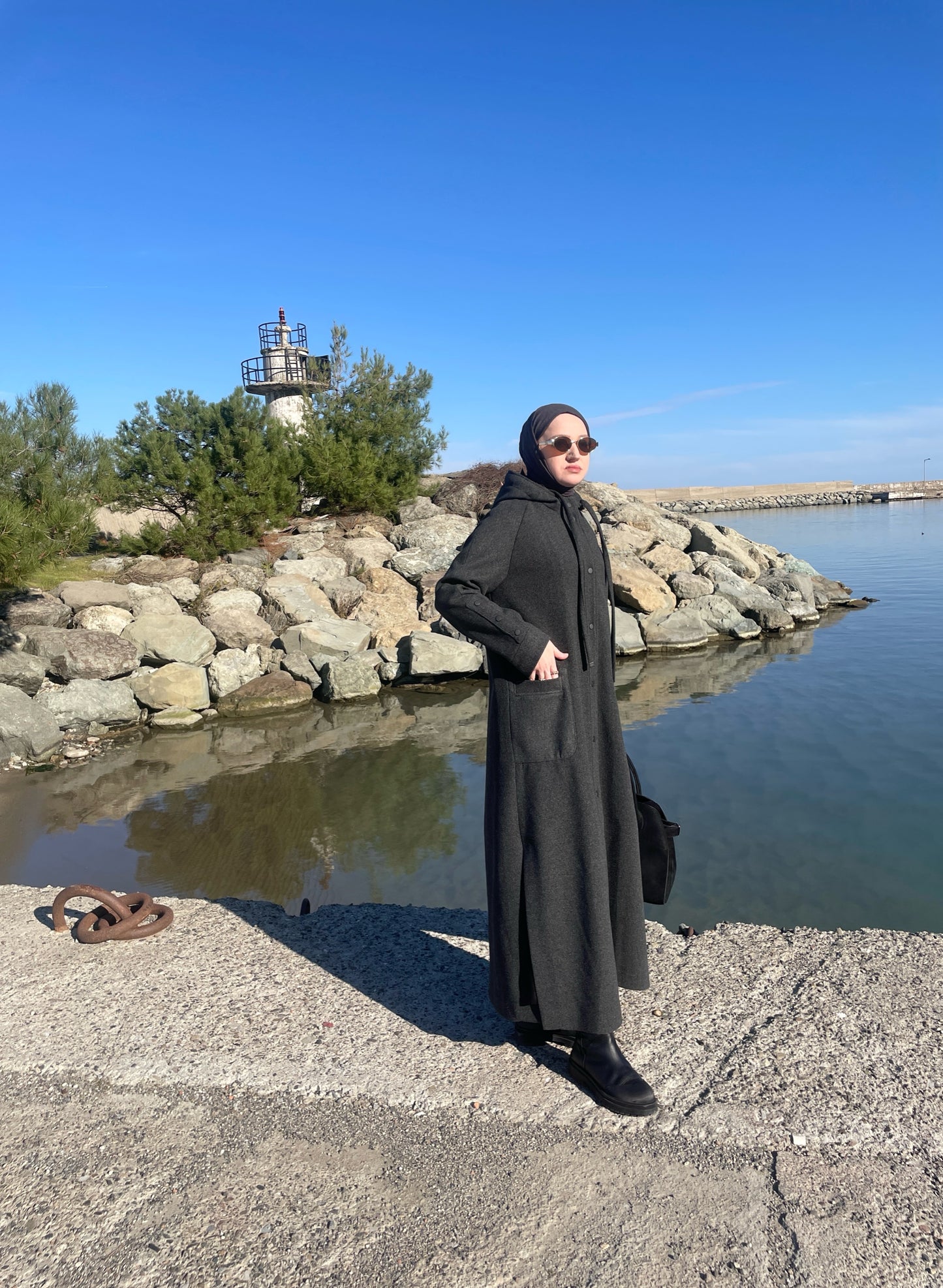 Tam Boy Premium Kapüşonlu Kaşe Kaban Antrasit