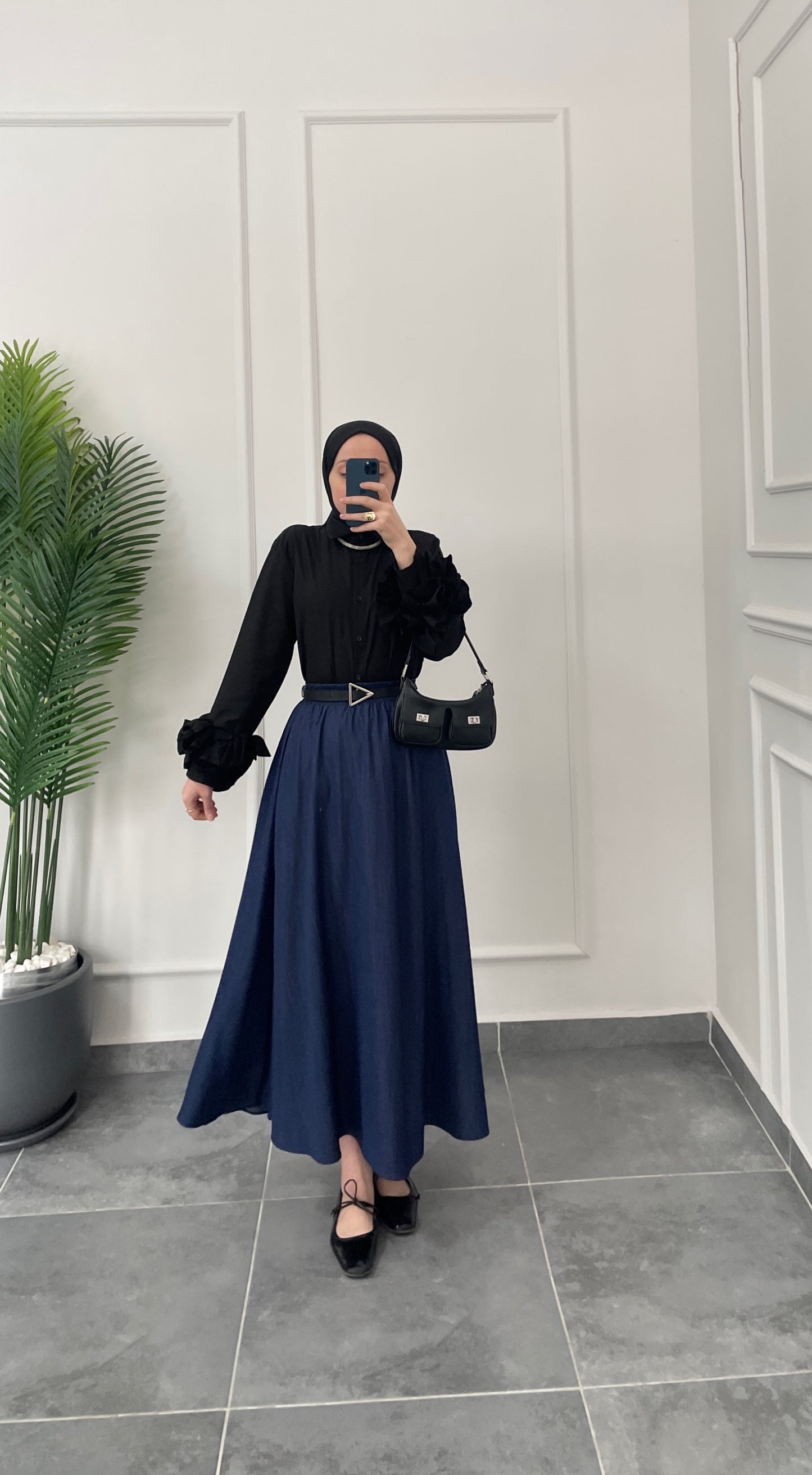 Çilek Kol Tasarım Gömlek-Siyah