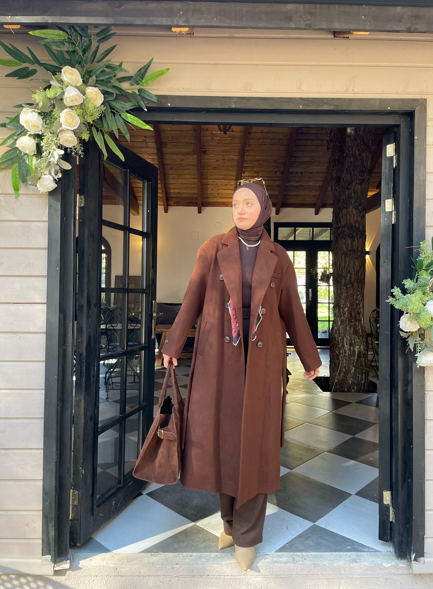 Vintage Tasarım Kol Düğmeli Kaşe Kaban Kahve