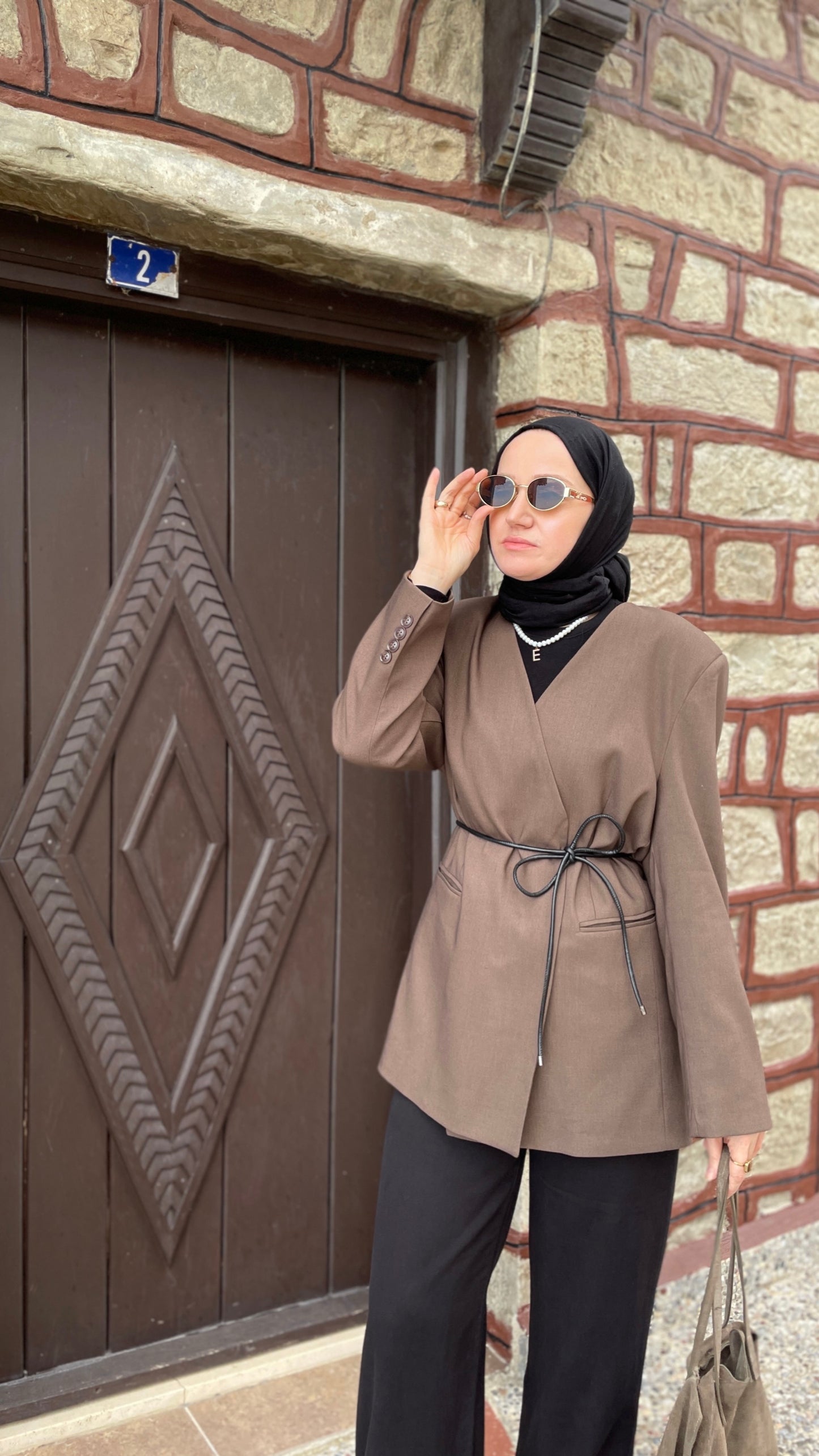 Deri Kemerli Blazer Ceket Kahve