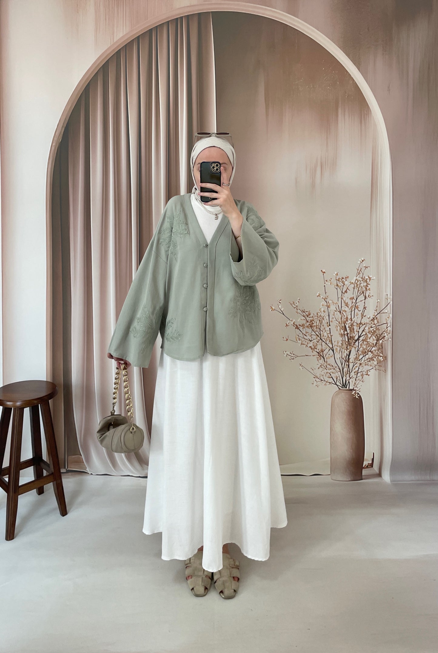 Nakışlı Ham Keten Kimono Çağla