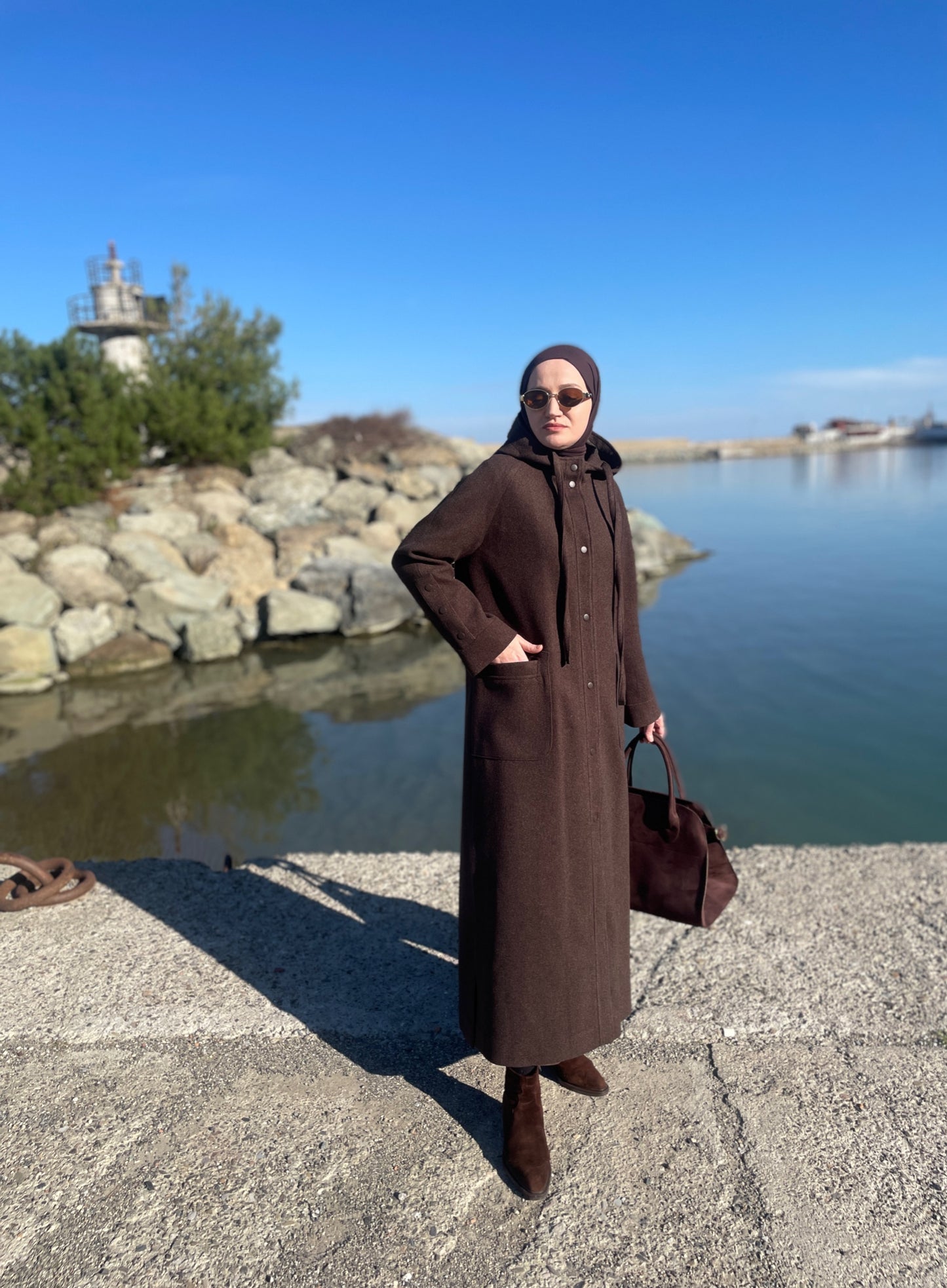 Tam Boy Premium Kapüşonlu  Kaşe Kaban Kahverengi