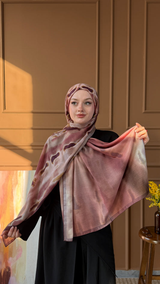 Sulu Boya Desen Çift Taraflı Pamuk Soft Şal Gül Kurusu