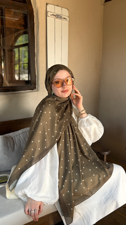 Mini Puantiye Desen Pamuk Soft Şal  Haki