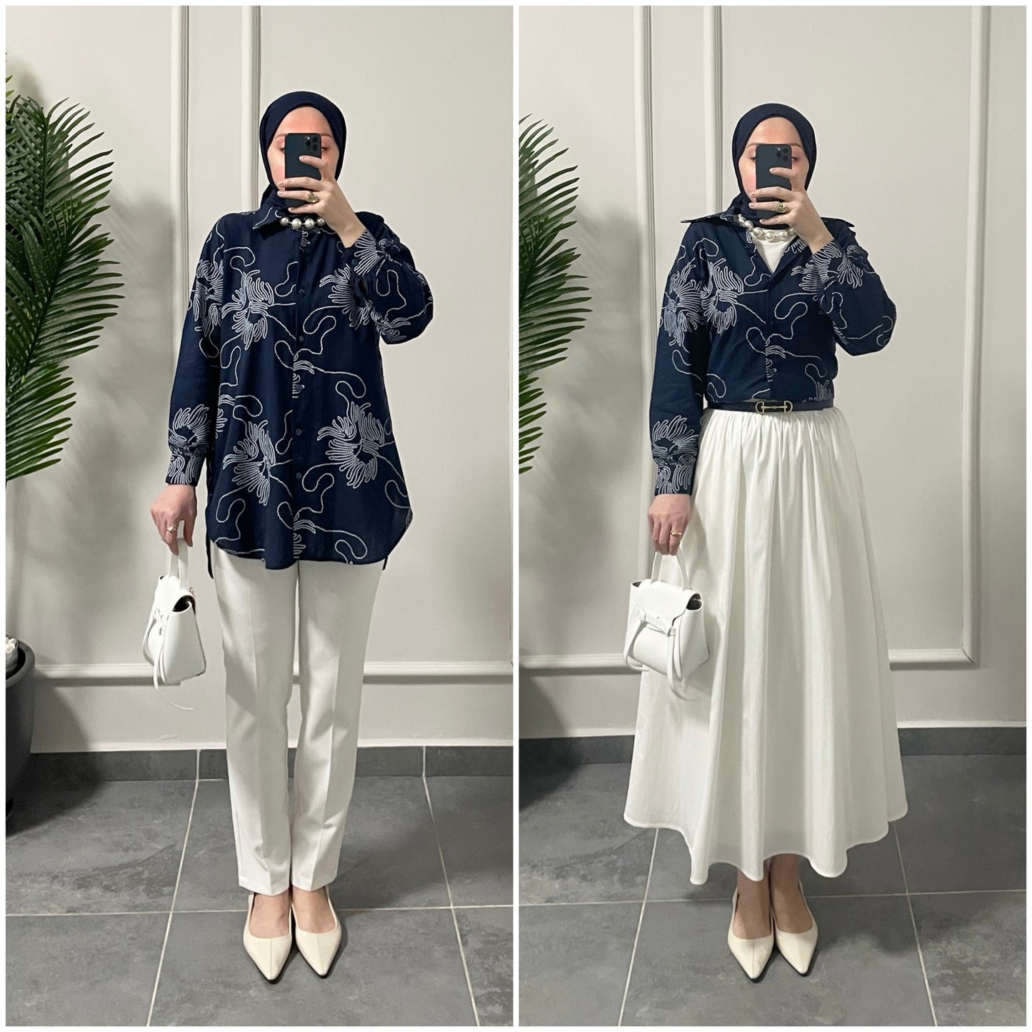 Keten Çiçek Desenli Gömlek Lacivert