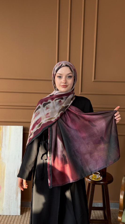 Sulu Boya Desen Çift Taraflı Pamuk Soft Şal Bordo