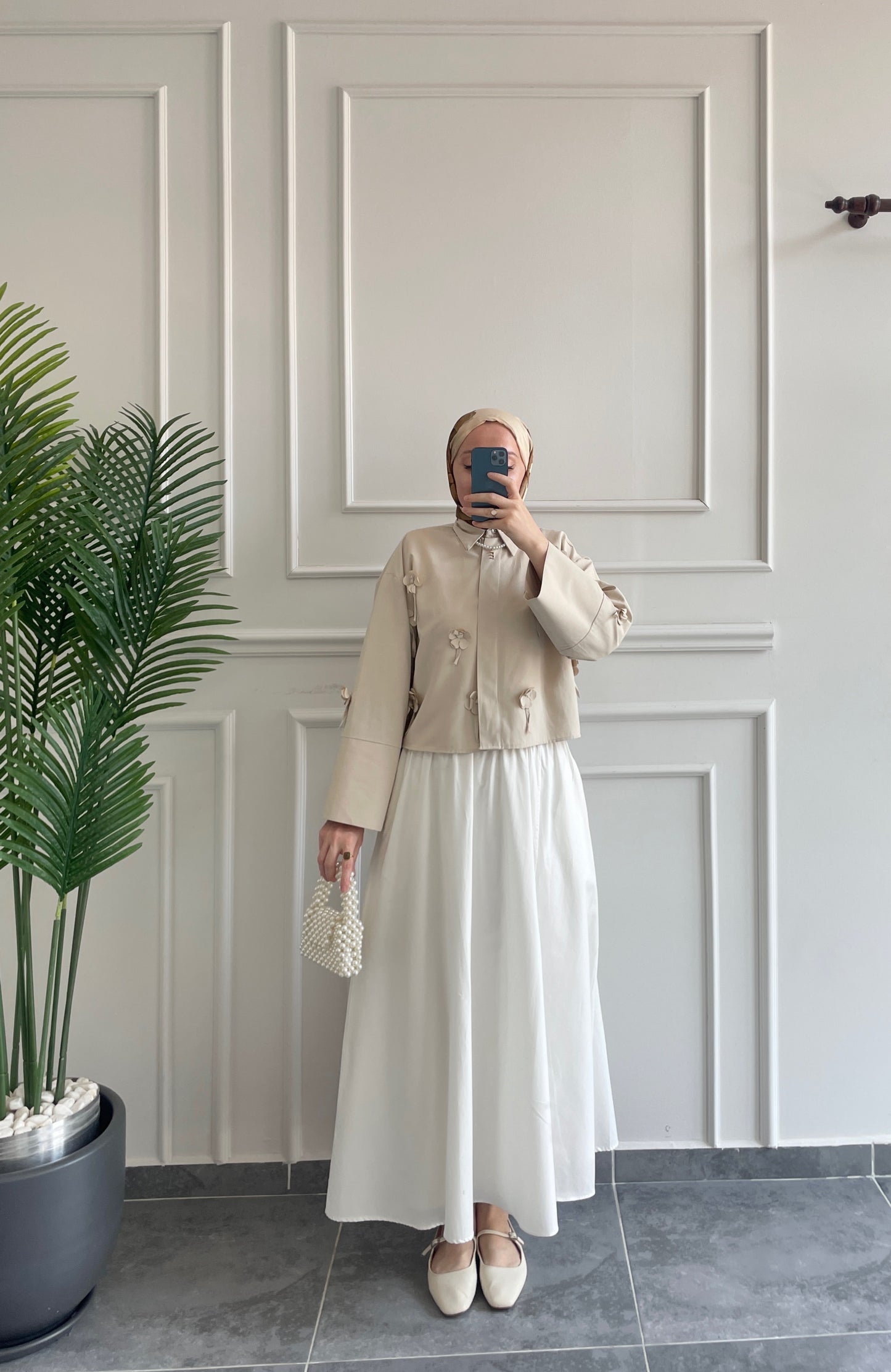 Papatyalı Poplin Gömlek-Bej