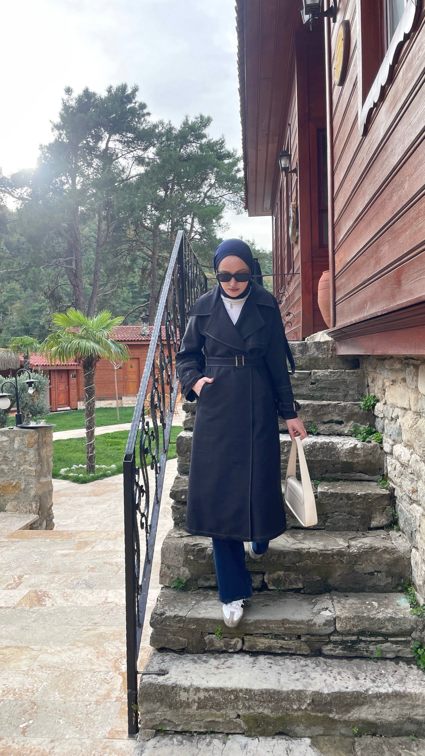 Renkli Dikişli Premium Trençkot Siyah