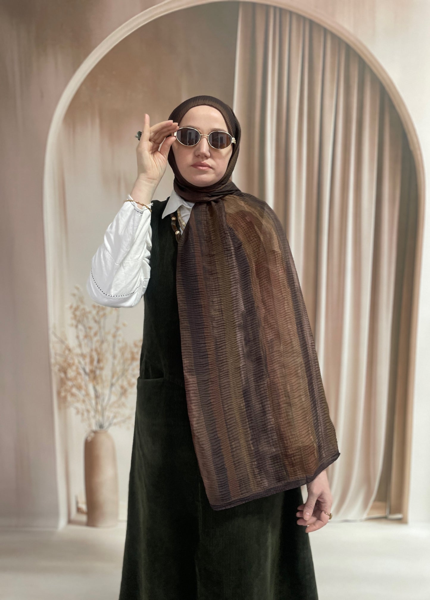 Tonsürton Çizgi Desen Müslin Şal Kahverengi