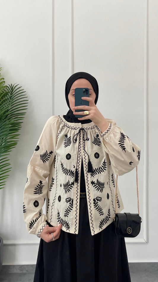 Keten Çiçek Nakışlı Ceket