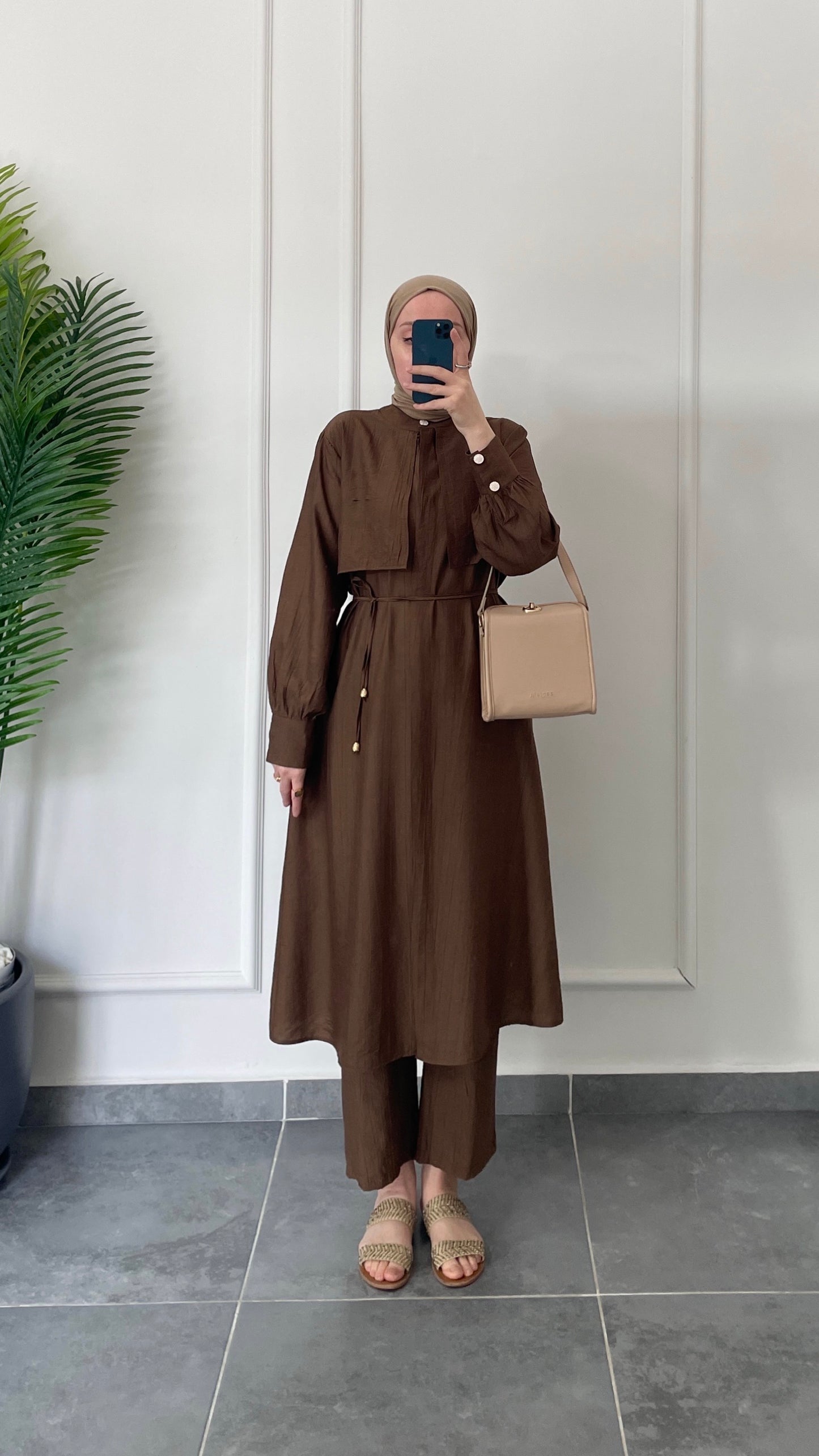 Çilek Kumaş Tunikli Takım-Kahve