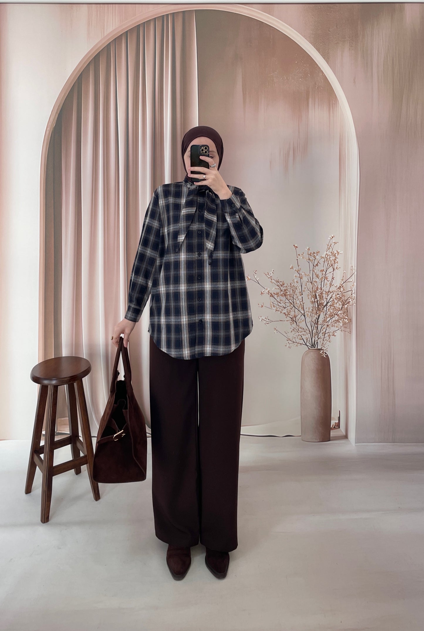 Ekose Desen Fular Tasarım Gömlek Lacivert&Kahve