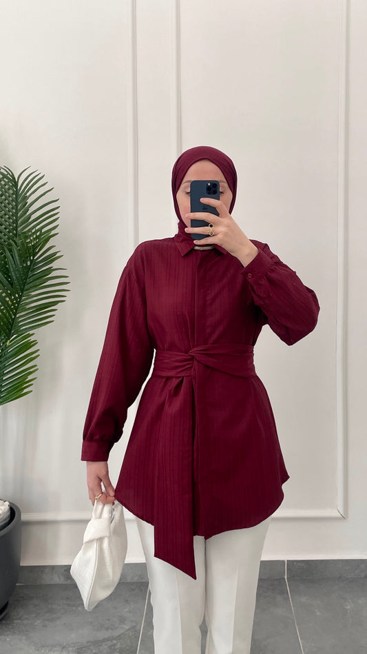 Bel Bağlama Tasarım Gömlek-Bordo