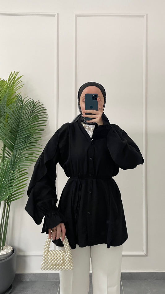 Kollar Fırfırlı Tencel Keten Gömlek-Siyah