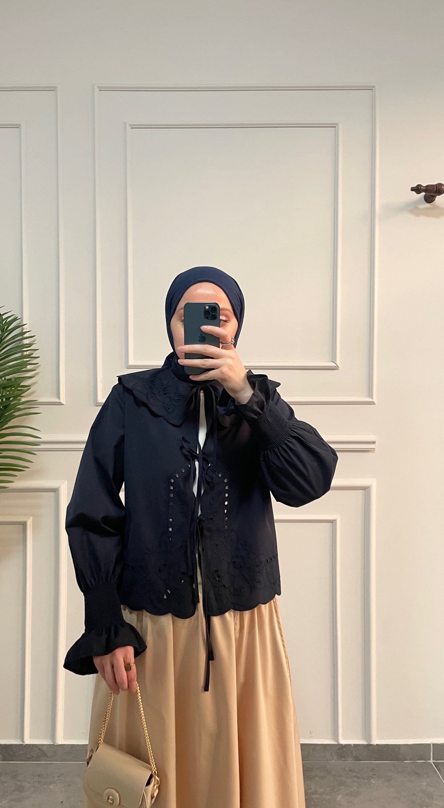 Bebe Yaka Nakışlı Kollar Gipeli Kimono-Lacivert