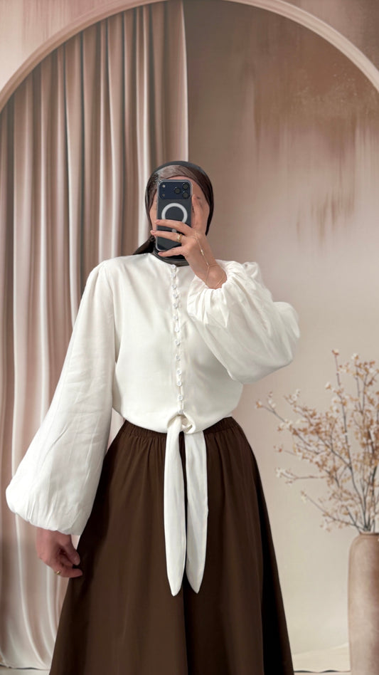 Britli Balon Kol Bel Bağlamalı Cupra Gömlek Ekru