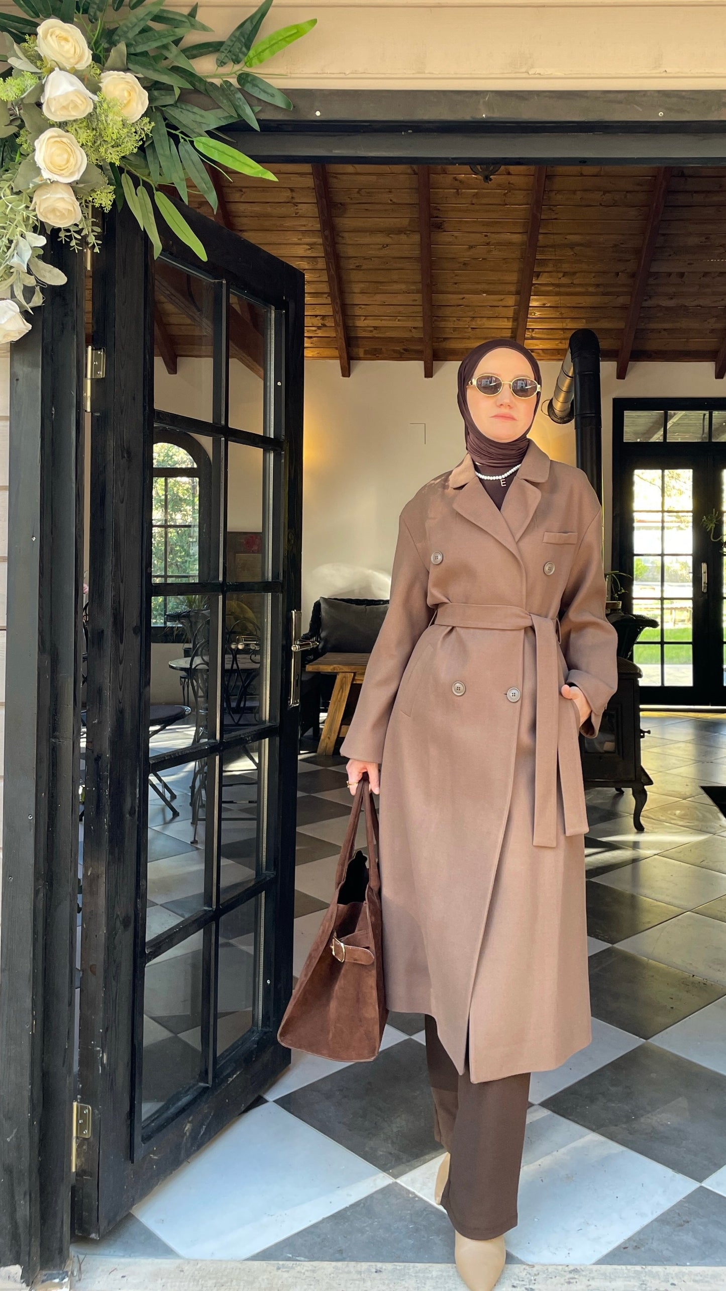 Vintage Tasarım Kol Düğmeli Kaşe  Kaban Vizon