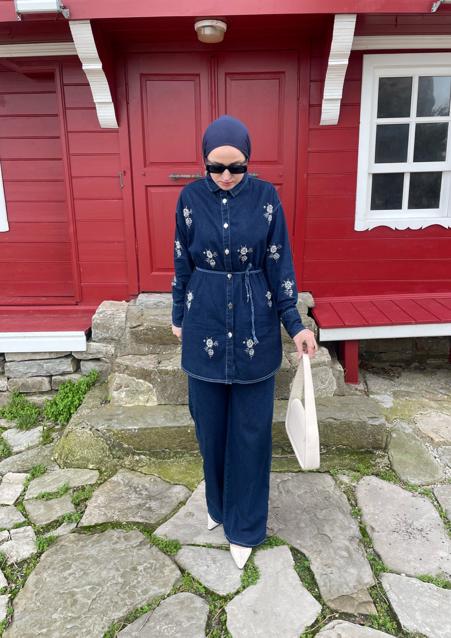 İnci İşlemeli Premium Denim Pantolon& Ceket Takım Lacivert