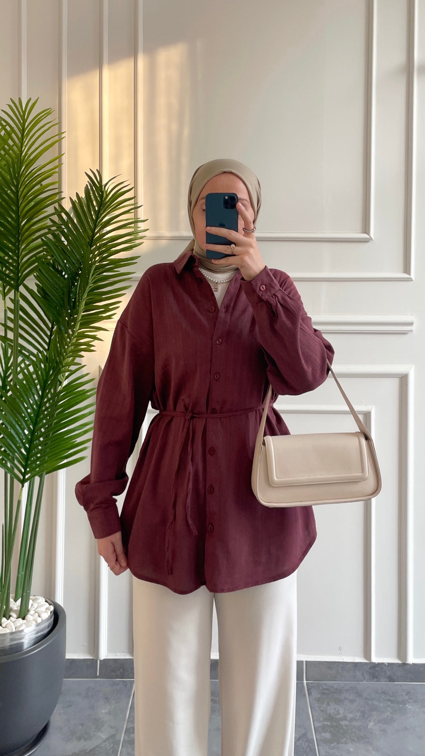 Ham Keten Seyyar Kemerli Gömlek-Bordo