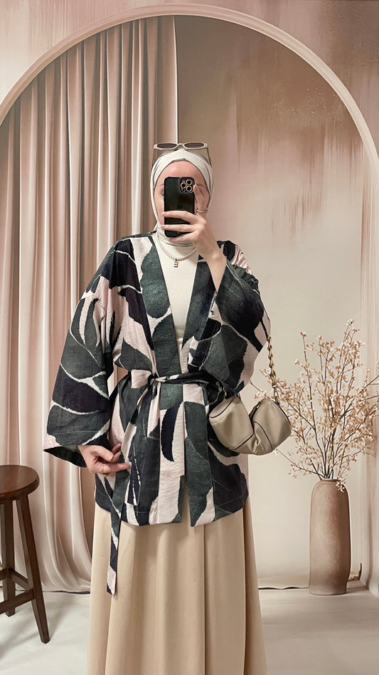Yaprak Desenli Kimono İndigo