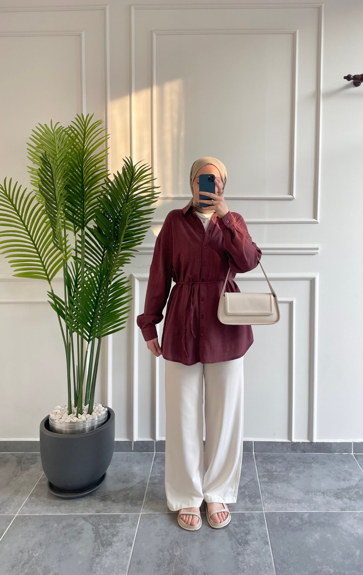 Ham Keten Seyyar Kemerli Gömlek-Bordo