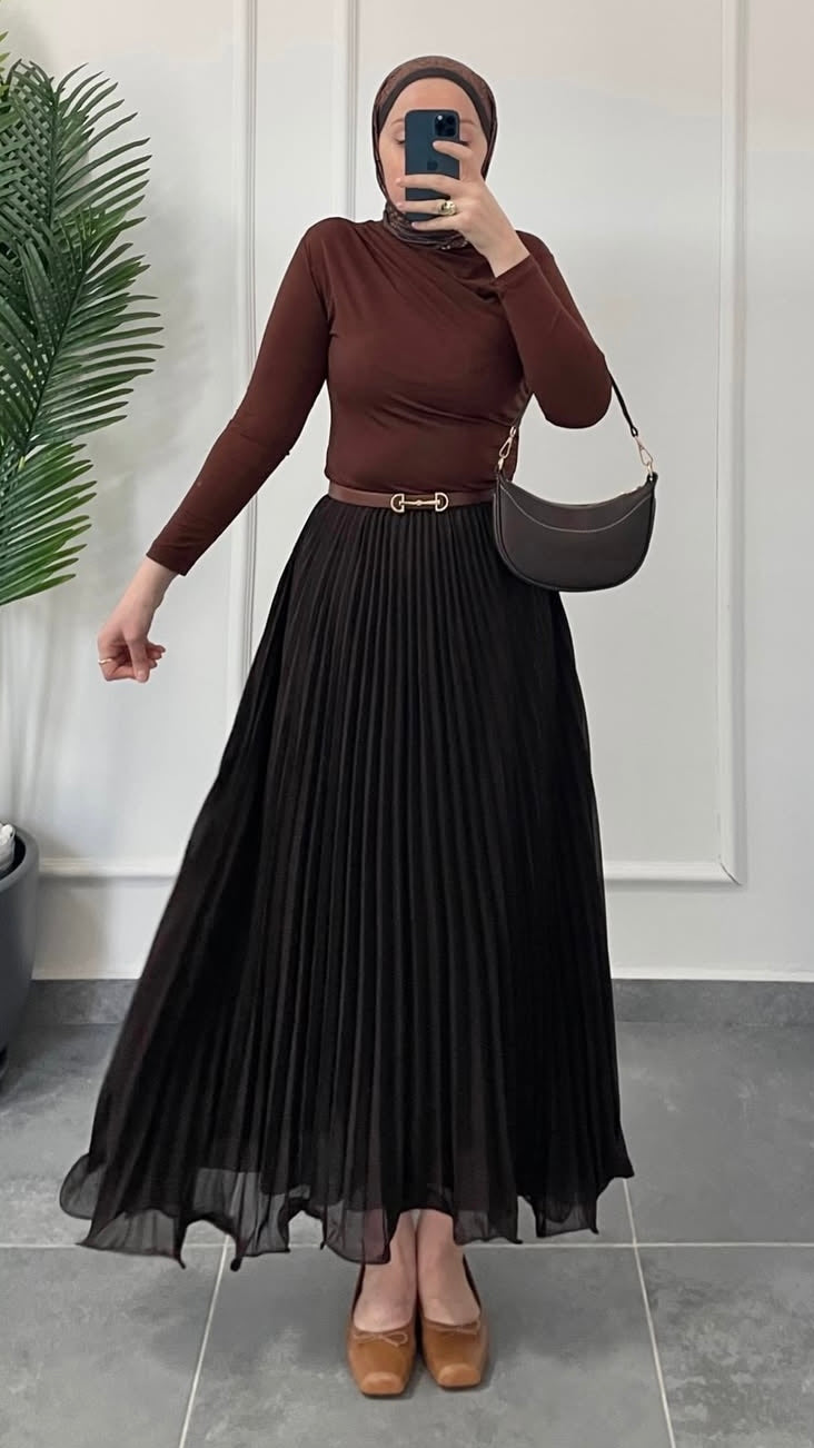 Şifon Piliseli Etek-Acı Kahve