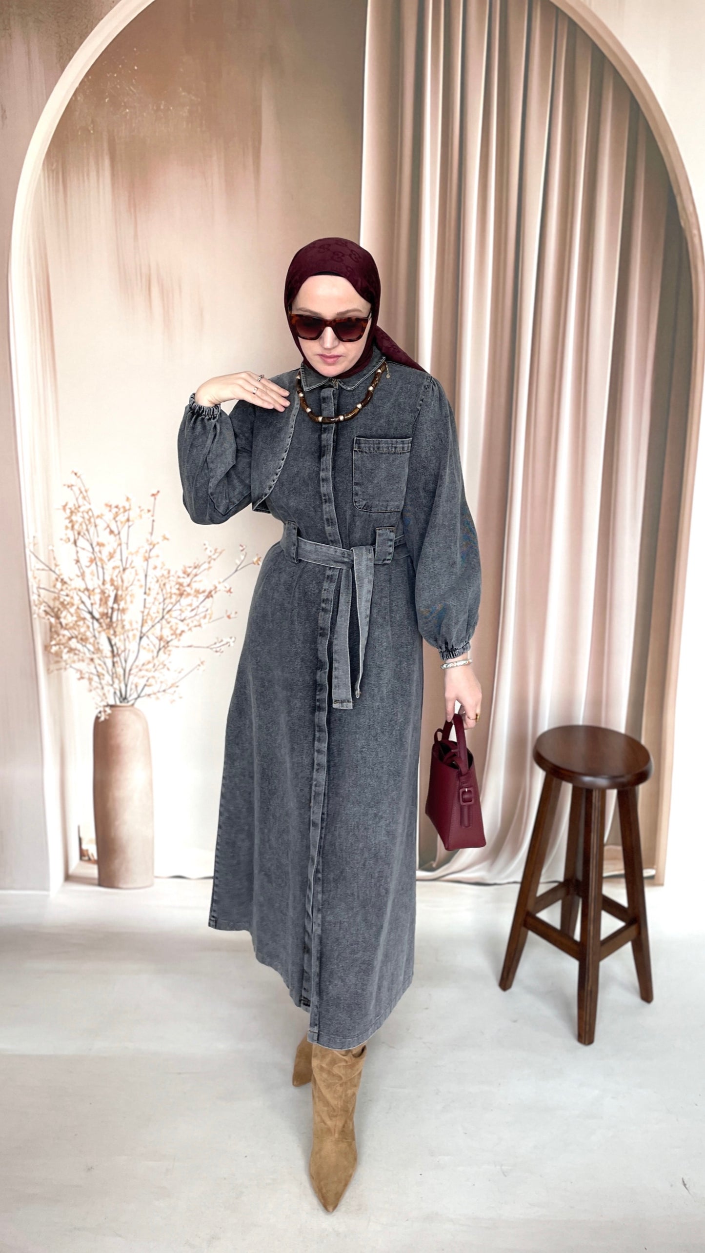 Gizli Patlı Pelerinli Denim Elbise Antrasit