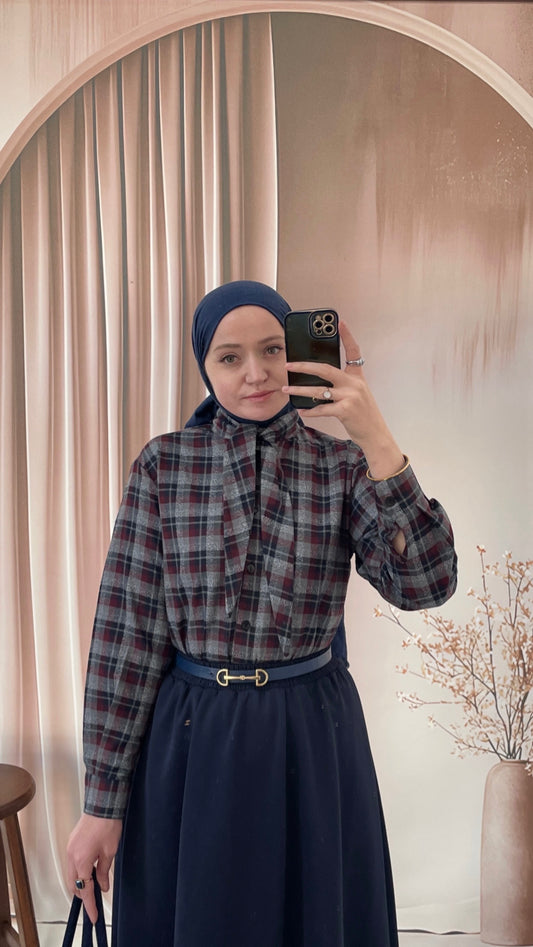 Ekose Desen Fular Tasarım Gömlek Antrasit &Bordo