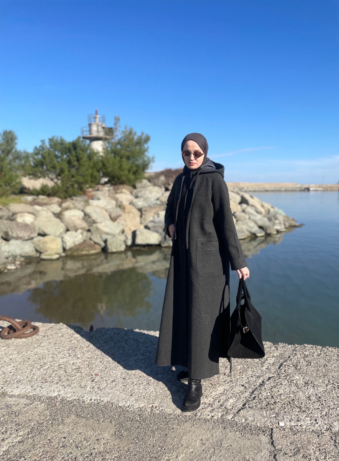 Tam Boy Premium Kapüşonlu Kaşe Kaban Antrasit