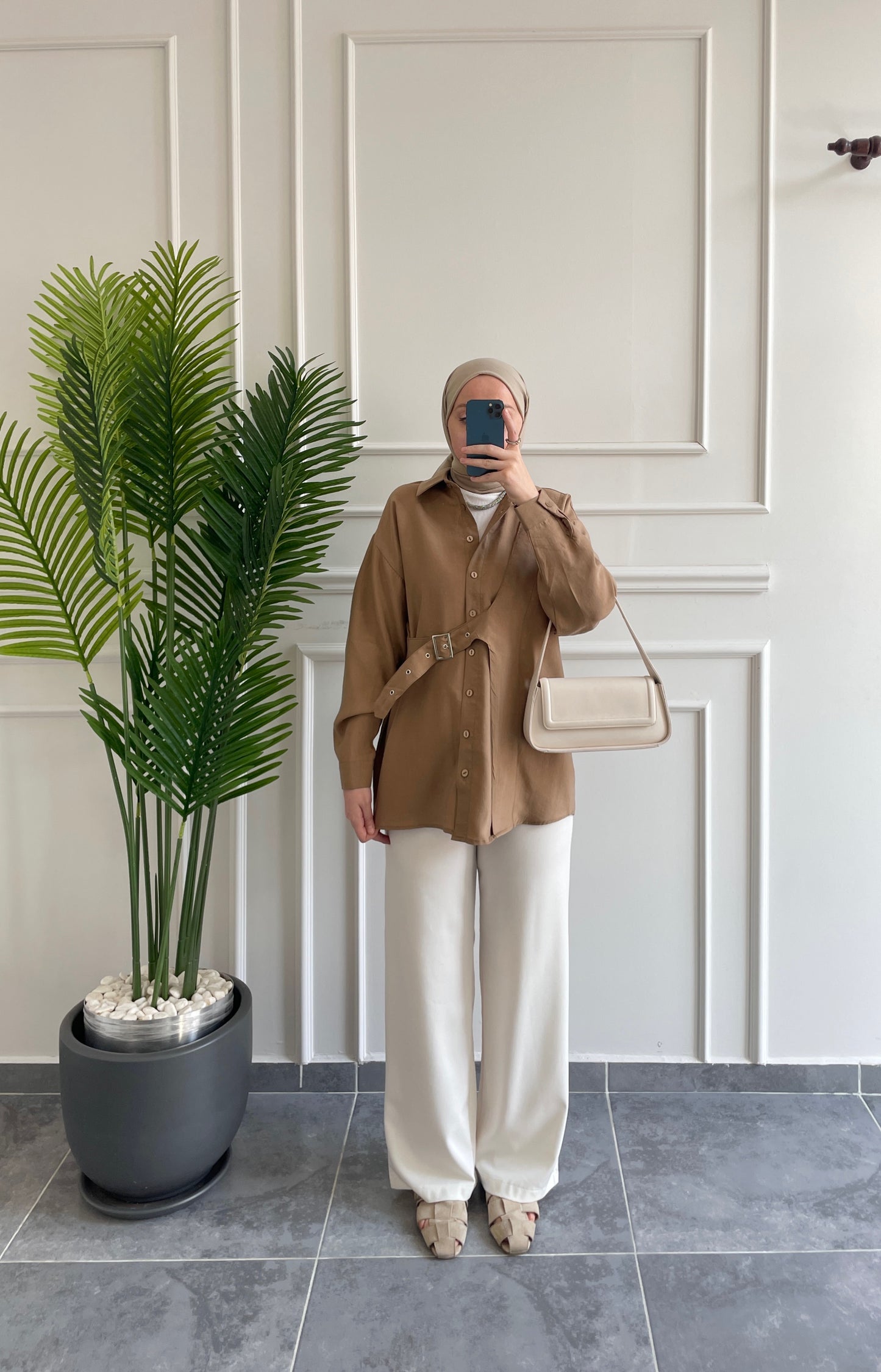 Premium Modal Kuşgözü Kemerli Gömlek-Camel